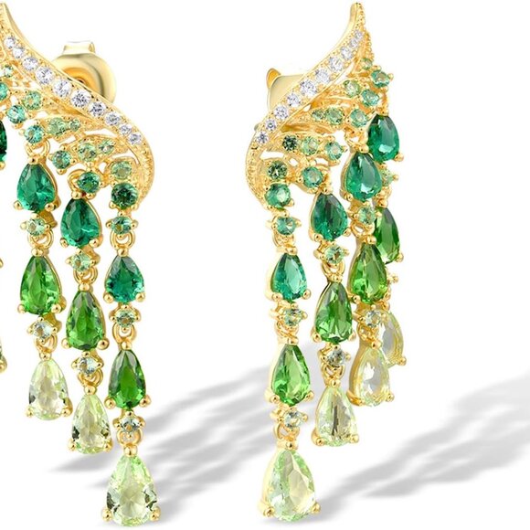 Sterling Silver Earrings Green Ombre Raindrops Stud Cubic Zirconia Jewelry - Picture 1 of 4